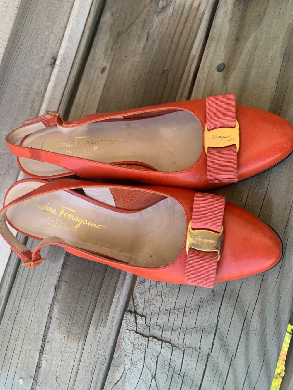 Salvatore Ferragamo Coral Orange Leather Slingback Heels Vara Bow Size 9 B - Picture 10 of 11